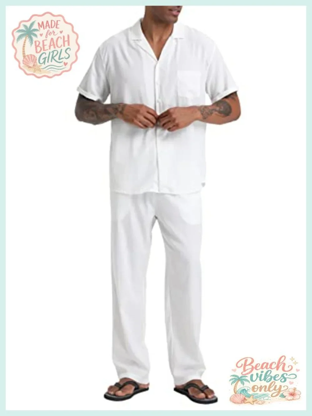 Men's Linen 2 Piece Outfit Set Short Sleeve Camp Shirt & Drawstring Pants